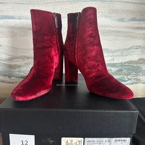 Saint Laurent Red Velvet Ankle Boots
